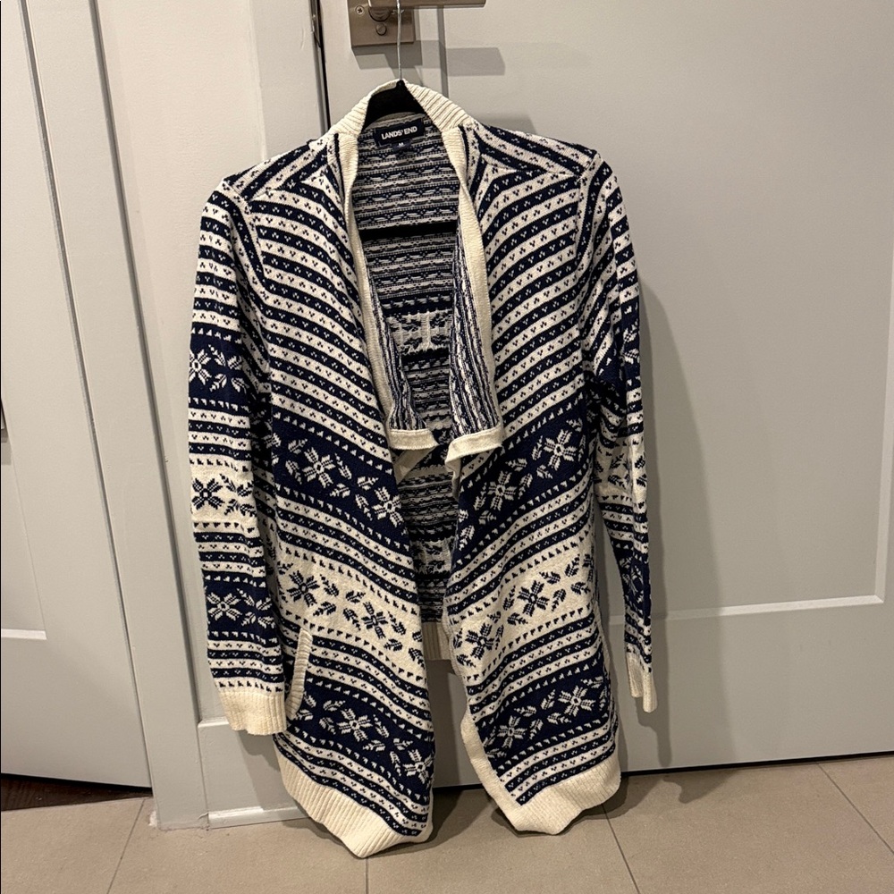 Lands' End Navy and Cream Fair Isle Open-Front Shawl Cardigan